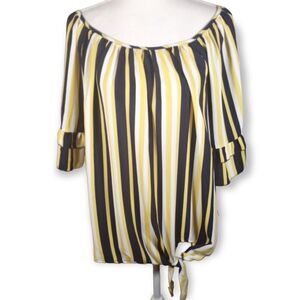 UNIQUE SPECTRUM YELLOW, WHITE, & NAVY OFF-THE-SHOULDER BLOUSE SZ.3X EUC